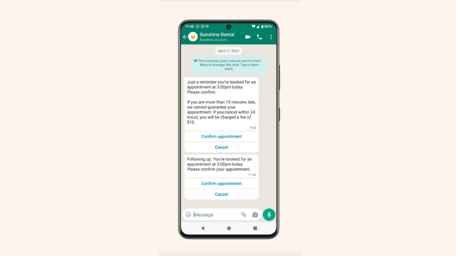 WhatsApp business conversation showing an appointment reminder from Sunshine Dental