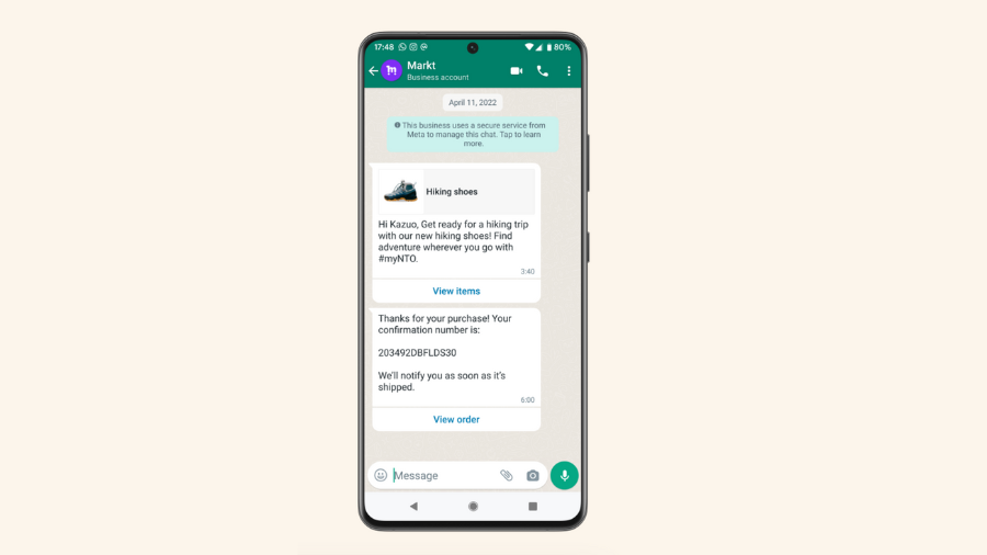 WhatsApp business conversation showing an order confirmation from Markt