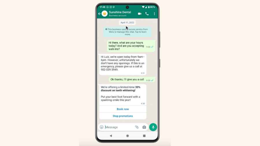 WhatsApp business conversation showing a promotion message from Sunshine Dental