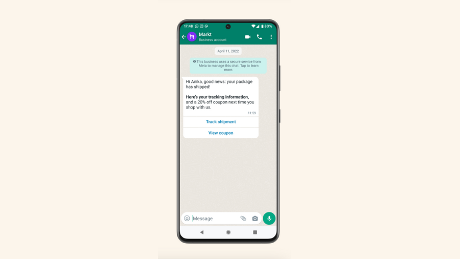 WhatsApp business conversation showing a shipment notification from Markt