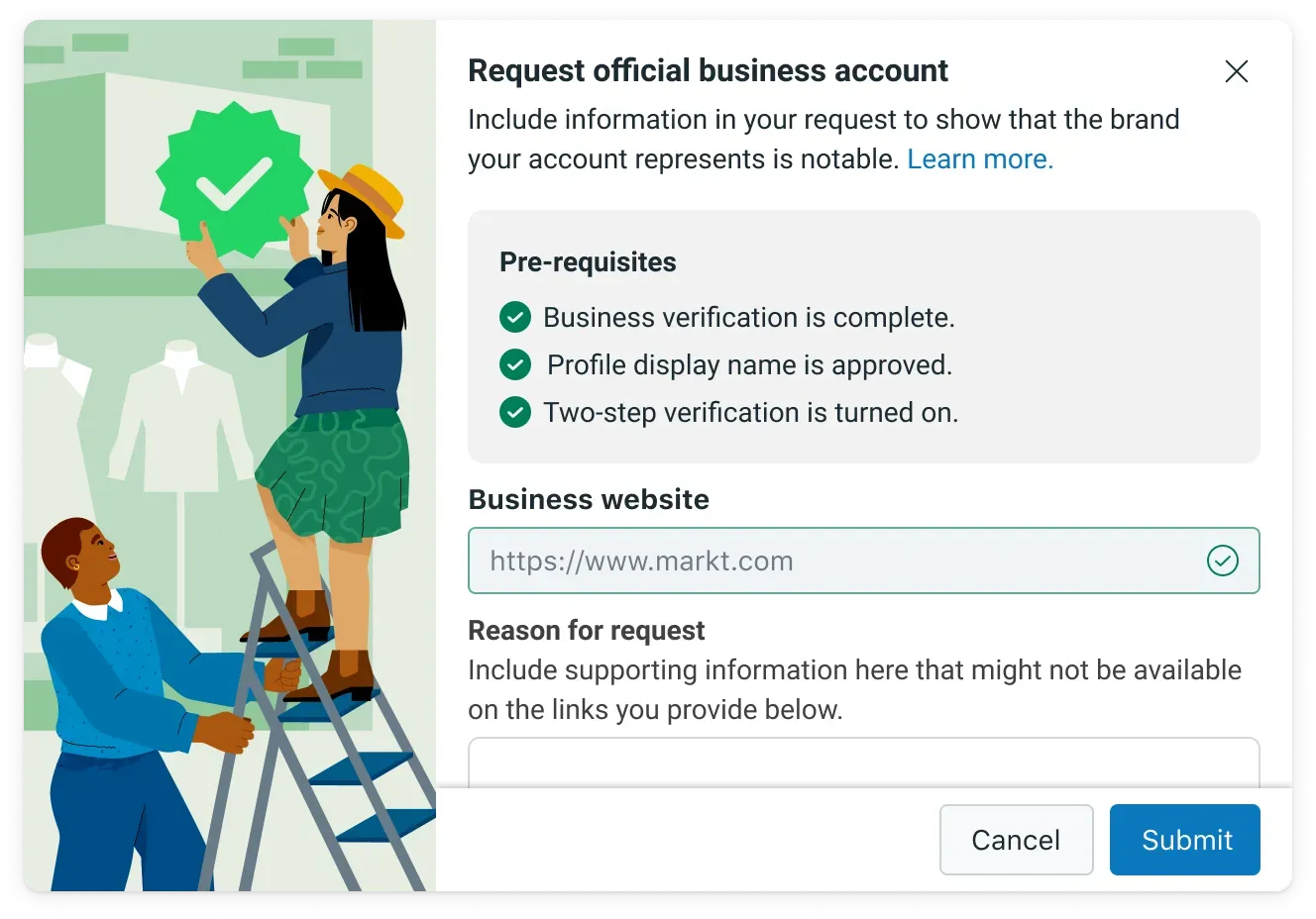 A pop-up during signup showing the prerequisites for the official WhatsApp Business Account with the green tick verification as equired by menat